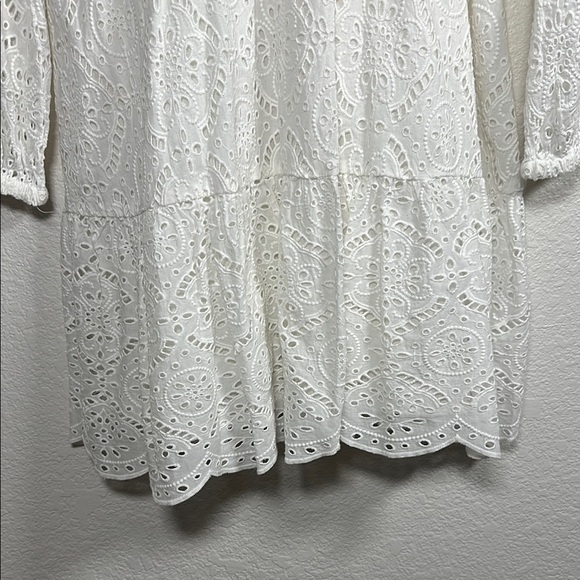 Veronica Beard White Eyelet Lace Mini Dress V-Neck Long Sleeve Tiered Scallop - Picture 5 of 8